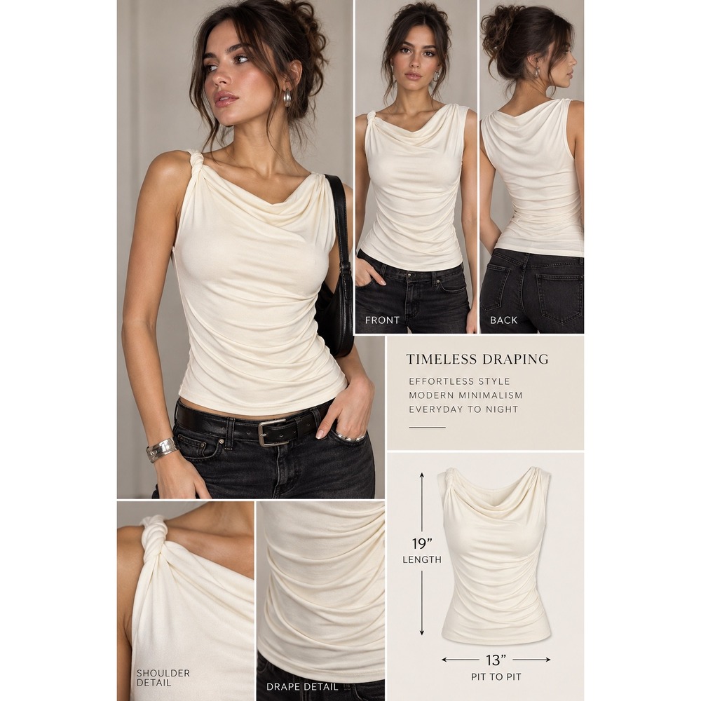 Y2K Ivory Cowl Neck Ruched Draped Top S Asymmetrical 90s Minimalist Going Out